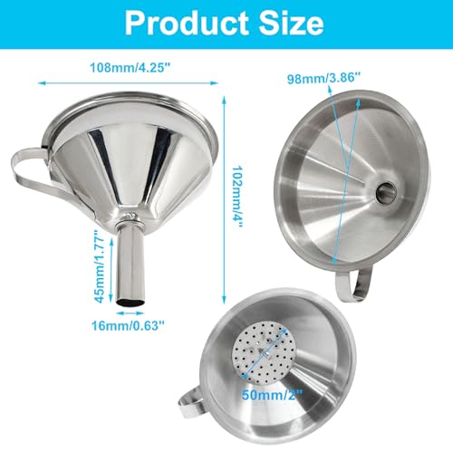 Piutouyar Stainless Steel Kitchen Funnel, 11 cm Metal Funnel with Detachable Strainer Filter, Food Grade Cooking Funnels for Transmission Liquid, Oil, Dry Ingredients