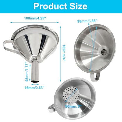Piutouyar Stainless Steel Kitchen Funnel, 11 cm Metal Funnel with Detachable Strainer Filter, Food Grade Cooking Funnels for Transmission Liquid, Oil, Dry Ingredients
