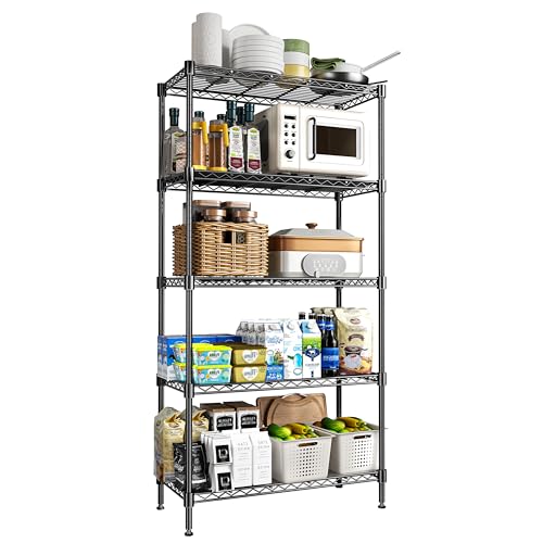 72" H Storage Shelves 5 Tier Wire Shelving with Shelf Liners, Adjustable Metal Garage Shelving, 1325LBS Heavy Duty Commercial Storage Rack for Pantry Kitchen, 35" W x 16" D x 72" H, Black - color: Black, size: 35" W x 16" D x 72" H-5 Tier