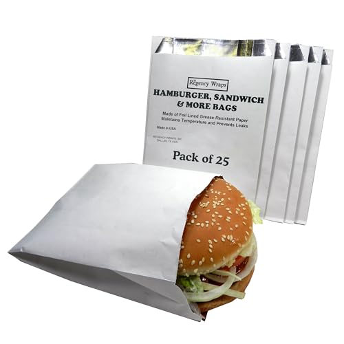 Regency Wraps Grease Resistant Snack Serving Bags, Foil Lined, Pack of 25 For Burgers, Sandwiches, Panini's, Pitas, Insulated to Keep food Warm - size: Pack of 25, style: Hamburger Bag