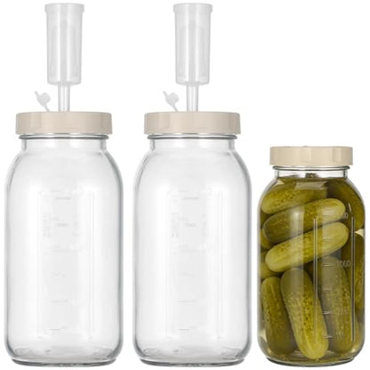 Fermentation Jar, 2 Pcs Glass Fermenting jar with Date Tracker & One-Way Air Valve, Square Space-Saving Design for Kimchi, Sauerkraut & Kitchen Storage, 9.4 x 4.7 x 4.7 in, 64 fl oz