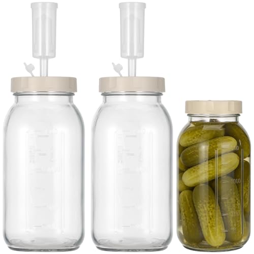 Fermentation Jar, 2 Pcs Glass Fermenting jar with Date Tracker & One-Way Air Valve, Square Space-Saving Design for Kimchi, Sauerkraut & Kitchen Storage, 9.4 x 4.7 x 4.7 in, 64 fl oz