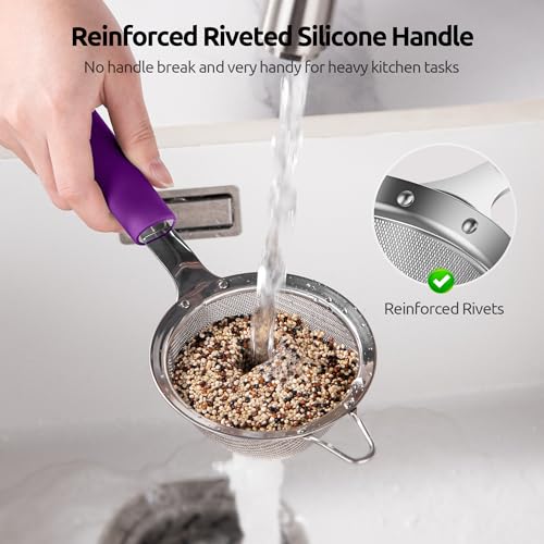 U-Taste Small Fine Mesh Strainer: 18/8 Stainless Steel 3.35in 30 Mesh Kitchen Food Sieve with Sturdy Riveted Silicone Handle, Heavy Duty Deep Handheld Metal Colander for Tea, Juice (Purple) - color: (5) Purple, size: S-3.35in