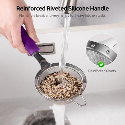 U-Taste Small Fine Mesh Strainer: 18/8 Stainless Steel 3.35in 30 Mesh Kitchen Food Sieve with Sturdy Riveted Silicone Handle, Heavy Duty Deep Handheld Metal Colander for Tea, Juice (Purple) - color: (5) Purple, size: S-3.35in