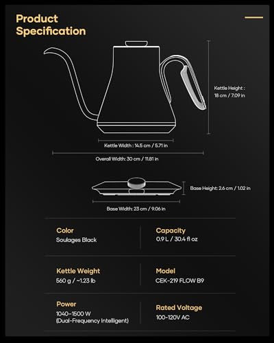 Cocinare Gooseneck Electric Kettle, ±1°F Precise Temperature Control, 1500W Fast Heating, Pour Over Coffee & Tea Kettle with Brew Timer & Keep Warm, Stainless Steel, 0.9L (Soulages Black) - color: Soulages Black