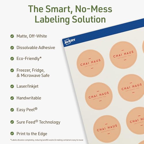 Avery Dissolvable Round Labels, Sure Feed Technology, 1.5" Diameter, Matte White, Print-to-The-Edge, Laser/Inkjet Printable, 200 Labels Total - style: 200 labels