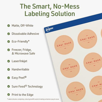 Avery Dissolvable Round Labels, Sure Feed Technology, 1.5" Diameter, Matte White, Print-to-The-Edge, Laser/Inkjet Printable, 200 Labels Total - style: 200 labels