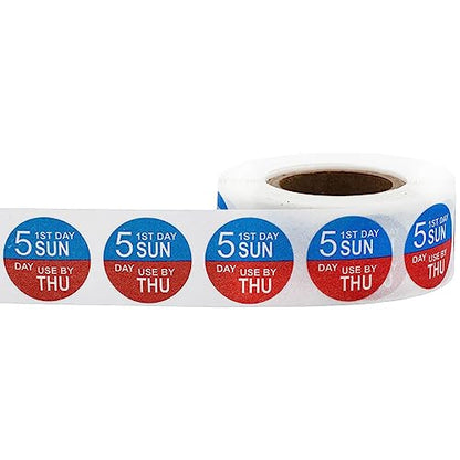 Dissolvable Saturday Through Wednesday 5 Day Food Rotation Labels, 3/4 Inch Use By Stickers, 500 Total Adhesive Labels on a Roll for Restaurant and Kitchen Prep – Made in the USA - color: Sunday