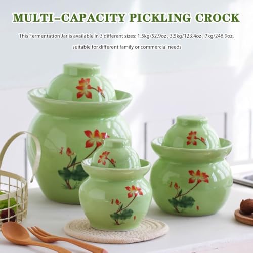 Lotus Pattern Fresh Kimchi Jar, Double Lid Design Fermentation Crock, Traditional Water-Sealed Pickling Tank, High Temperature Ceramic Material(3.5kg/123.4oz) - size: 3.5kg/123.4oz
