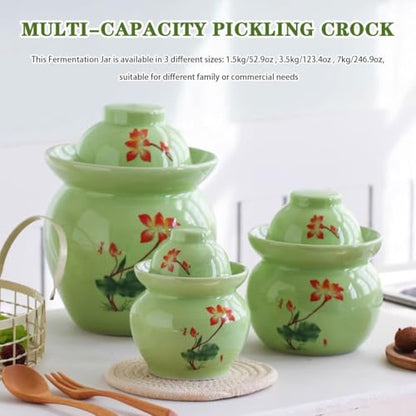 Lotus Pattern Fresh Kimchi Jar, Double Lid Design Fermentation Crock, Traditional Water-Sealed Pickling Tank, High Temperature Ceramic Material(7kg/246.9oz) - size: 7kg/246.9oz