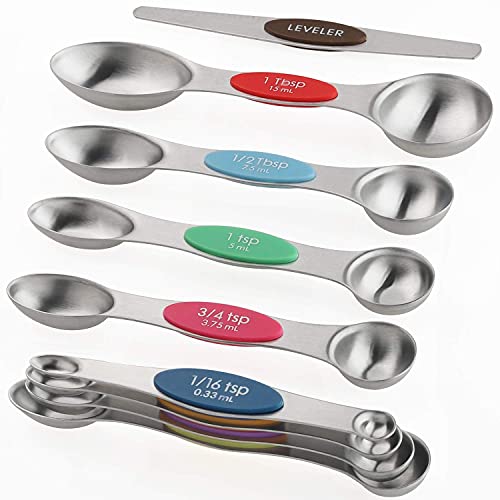 Magnetic Measuring Spoons Set of 9 Stainless Steel Stackable Dual Sided Teaspoon Tablespoon for Measuring Dry and Liquid Ingredients Fits in Spice Jars - color: Measuring Spoons