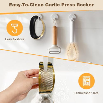 Cook Guy 304 Stainless Steel Garlic Press Rocker Set - Premium Garlic Mincer, Crusher, Peeler, and Scraper Tool for Effortless Mincing - Comfortable Grip Garlic Grinder (Gold) - color: Gold