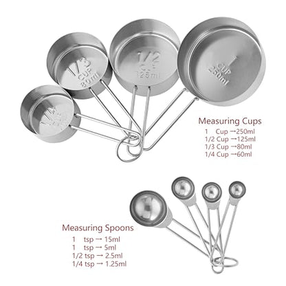 8PCS Measuring Cups, OHOLA Stainless Steel Measuring Cups and Spoons Set, Great for Cooking and Baking