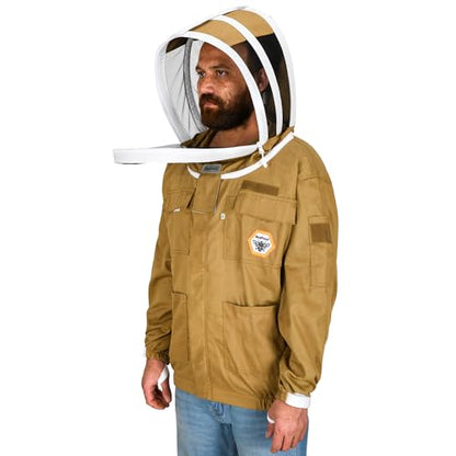 Beekeeping Jacket with Fencing Veil - Breathable Cotton Beekeeper Suit with YKK Zippers & Protective Hood (BP-101-Khaki)-S - color: Khaki, size: Small