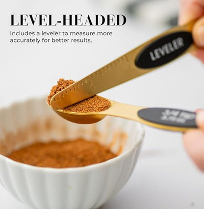 Magnetic Measuring Spoons Set – Stainless Steel Gold Measuring Spoons for Cooking and Baking – Cute and Durable Gold Kitchen Accessories - Great for Gifting - color: Black & Brass Gold