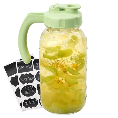 Soligt Glass Mason Jar Pitcher with Lid, Wide Mouth Flip Cap Pour Spout Leak-proof Lid with Handle, 64 oz (2 Quart / 1.9 Liter), for Iced Coffee/Sun Tea Juice/Cold Brew Coffee/Milk (1Pack, Tea Green) - color: Tea Green