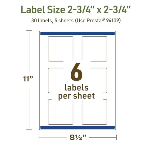 Avery Dissolvable Square Labels, Sure Feed Technology, 2.75" x 2.75", Matte White, Print-to-The-Edge, Laser/Inkjet Printable, 30 Labels Total - style: 30 labels