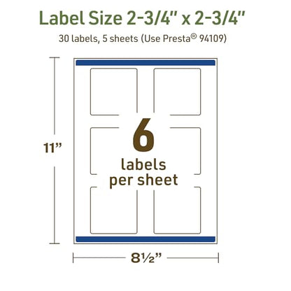 Avery Dissolvable Square Labels, Sure Feed Technology, 2.75" x 2.75", Matte White, Print-to-The-Edge, Laser/Inkjet Printable, 30 Labels Total - style: 30 labels