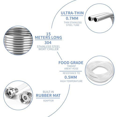 BACOENG 1/2" x 50Ft 304 Wort Chiller, Immerson Chiller, Stainless Steel Tubing Coil for Ice Bath Beer Brewing Tubing Coil, Water Cooler Equipment - size: 1/2" x 50Ft w/ Hose