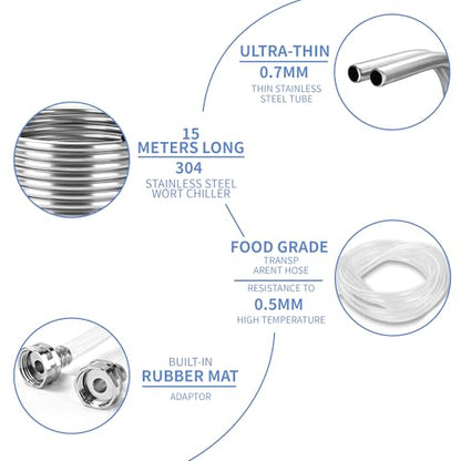 BACOENG 1/2" x 50Ft 304 Wort Chiller, Immerson Chiller, Stainless Steel Tubing Coil for Ice Bath Beer Brewing Tubing Coil, Water Cooler Equipment - size: 1/2" x 50Ft w/ Hose