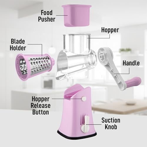 Zulay Kitchen Rotary Cheese Grater 5 Blade Cheese Shredder - Manual Hand Crank Cheese Grater With Reinforced Suction & 5 Interchangeable Drums - Easy to Use, Vegetable Chopper Round Mandoline Slicer - color: Pink and White