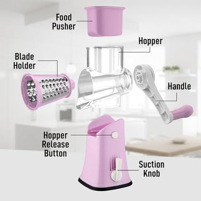 Zulay Kitchen Rotary Cheese Grater 5 Blade Cheese Shredder - Manual Hand Crank Cheese Grater With Reinforced Suction & 5 Interchangeable Drums - Easy to Use, Vegetable Chopper Round Mandoline Slicer - color: Pink and White