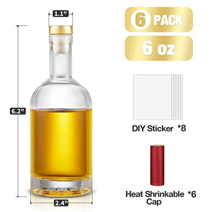 Mfacoy Set of 6 Clear Glass Bottles, 6 oz, Reusable, T-Top Cap, Perfect for Wine, Oil, Vinegar, Kombucha, Beer, Water, Soda, Juices - size: 6OZ