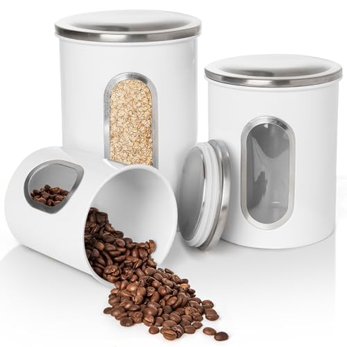 Mixpresso 3-Piece White Canisters Sets For The Kitchen, Airtight Canister Set With See Through Window, Storage Jars for Coffee Container, Tea Organizer & Sugar Canister, White Kitchen Canisters - color: White