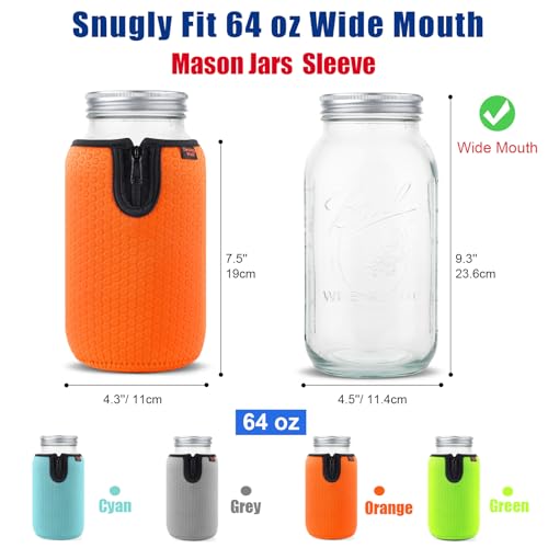 64 oz Wide Mouth Mason Jar Neoprene Sleeve, 64oz Non-slip Cozy Insulated Glass Jars Protector Holder Sleeves 4.3 x 7.5 Inches - 4 Pack (Orange/Green/Cyan/Grey) - color: 64 oz Sleeves (4.3 x 7.5 In) - ORG/Green/Cyan/Grey