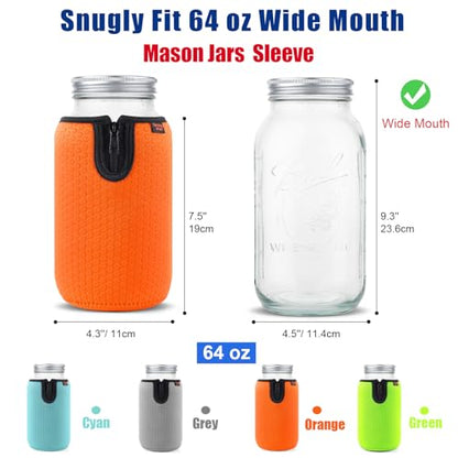 64 oz Wide Mouth Mason Jar Neoprene Sleeve, 64oz Non-slip Cozy Insulated Glass Jars Protector Holder Sleeves 4.3 x 7.5 Inches - 4 Pack (Orange/Green/Cyan/Grey) - color: 64 oz Sleeves (4.3 x 7.5 In) - ORG/Green/Cyan/Grey