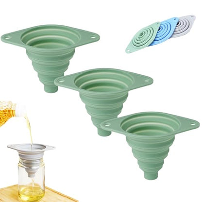 Kitchen Funnel Set 3 Pack, Food Grade Silicone Collapsible Small Funnels for Kitchen, Space-Saving Foldable Funnels for Filling Bottles, Oil, Liquid, Powder (Green) - color: Green