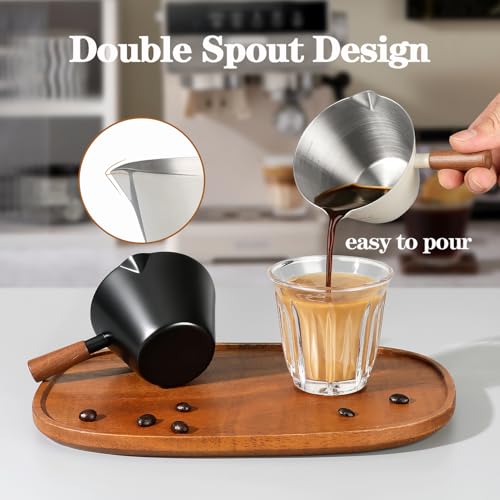 Mongdio Espresso Measuring Cup, Stainless Steel Espresso Shot Cups with Wooden Handle and Double Spouts, 6.8OZ/200ML, Silver - color: Silver, size: 6.8oz