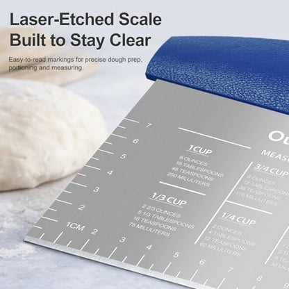 Ourokhome 2 Pack Bench Scraper Dough Cutter, Stainless Steel Dough Scraper with Laser-Etched Scale, Conversion Chart, Non-Slip Handle, Dishwasher Safe for Bread & Pastry, Blue - color: Blue