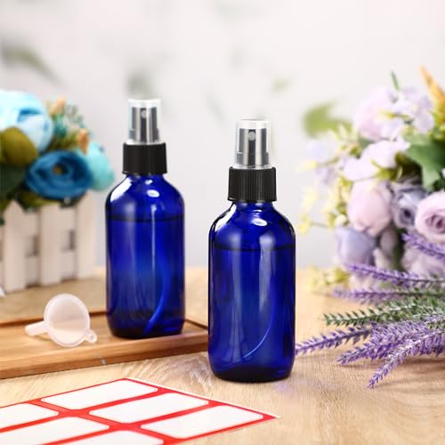 Fumete 2 Pack Glass Bottles 4oz Empty Refillable Liquid Containers with 1 Label 1 Funnel for Essential Oils Hair Travel Plants Cleaning Skin Care(Blue, Black Top,Mist Bottle) - color: Blue, Black Top, style: Mist Bottle
