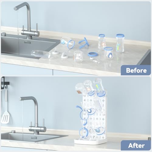 Baby Bottle Drying Rack Baby Bottle Holder Space Saving Bottle Dryer Rack Station Countertop Storage Organizer 12 Travel Bottle Drying Rack Vertical Breast Pump Part Plastic Bag Cup Dryer Tower White - color: White