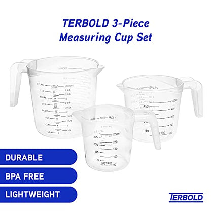 3pc Liquid Measuring Cups Set - 1 Cup, 2 Cup, 1 Quart | Clear Plastic Measure Cups with Long Handles