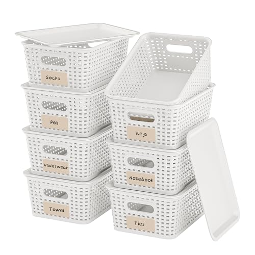 8-Pack White Plastic Storage Baskets with Lids, Label Organizers, Stackable Organizer Containers: For Organizing Shelves, Drawers, Desk Closets, Playrooms, Classrooms, Offices - color: White