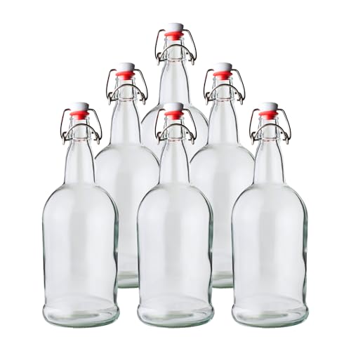 FastRack 33 oz Clear Swing Top Glass Bottles – 6 Pack | Flip Top Airtight Bottles (Not Olive Oil Style) | Reusable Bottles for Kombucha, Beer, Soda & Fermentation - color: Clear