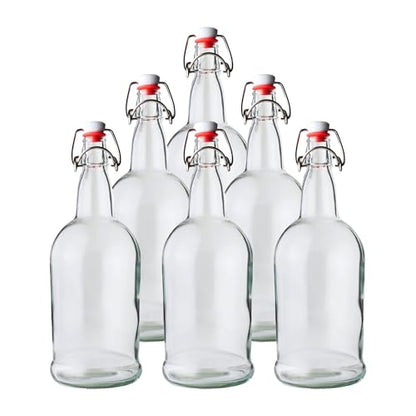 FastRack 33 oz Clear Swing Top Glass Bottles – 6 Pack | Flip Top Airtight Bottles (Not Olive Oil Style) | Reusable Bottles for Kombucha, Beer, Soda & Fermentation - color: Clear