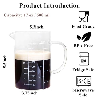 Glass Measuring Cup with Handle, 500 ML High Borosilicate Glass Three Scales (OZ, Cup, ML/CC) easuring Beaker for Kitchen or Restaurant, V-Shaped Spout Glass Measuring Beaker, Easy To Read