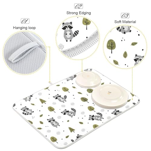 Raccoons Tree White Dish Drying Mat for Kitchen Counter Super Absorbent Draining Mat with Non-slip Backed Drainer Mat for Dish Cups Bowl Bottles Countertops Sinks Draining Racks