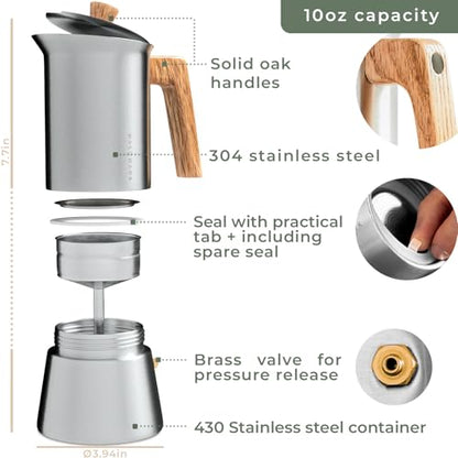 WALDWERK Stainless Steel Moka Pot (10oz) - Toxic Free Moka Pot with Oak Wood Handle - Stovetop Espresso Maker - Italian Coffee Maker for Stovetop and Induction