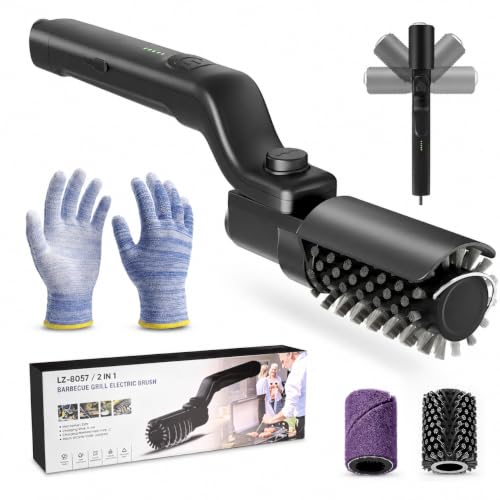 Rechargeable Electric Grill Brush, 3-Speed Cordless BBQ Cleaner with 2 Brush Heads, 8 Adjustable Angles, 360° Splash Shield, Stainless Steel Wire Brush for Gas/Charcoal Grills
