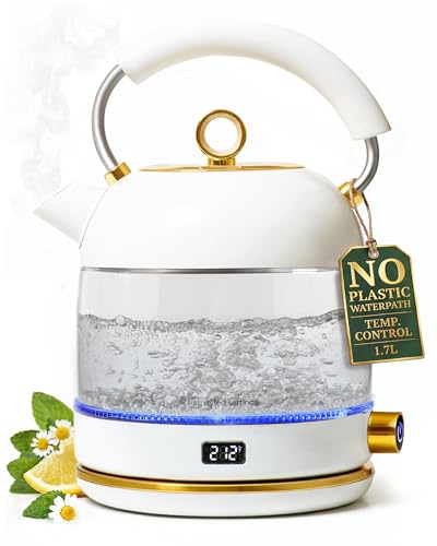White Electric Tea Kettle with Temperature Control - 1500W Fast Hot Water Boiler and Warmer - White and Gold Electric Kettle with Keep Warm Function, BPA-Free Glass Body, Stylish Design, Auto Shut-Off - color: White