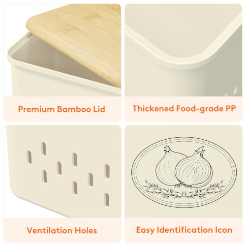Lifewit Onion and Potato Storage Bin with Aerating Holes and Lid, Stackable Garlic Keeper, Plastic Vegetable Container Box for Kitchen, Beige, Set of 2 - color: Beige