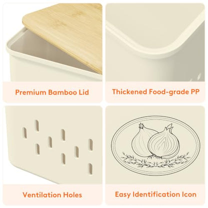 Lifewit Onion and Potato Storage Bin with Aerating Holes and Lid, Stackable Garlic Keeper, Plastic Vegetable Container Box for Kitchen, Beige, Set of 2 - color: Beige
