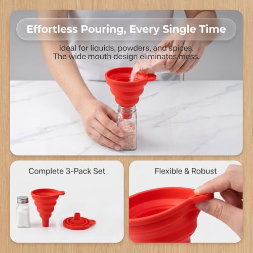 Kitchen Funnel 3 Pack - Food Grade Silicone Collapsible Funnel, Funnels for Kitchen Use Filling Bottles, Daily Cooking, and Water or Powder Transfer. Red - color: 3PCS-Red