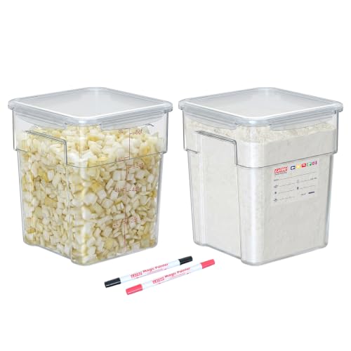 2 Pack 8 QT Polycarbonate Commercial Food Storage Containers with Airtight Lids, Clear, Stackable Ingredient Food Storage Containers for Flour, Sugar, Rice, and Food Prep, 2 Markers Included - size: 2 X 8.0(QT)