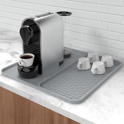 Silicone Coffee Mat,16'' x 16'' Coffee Bar Mat with Detachable Dish Drying Mat for Kitchen Countertops,Coffee Bar Accessories Fit Under Coffee Maker Coffee Machine Espresso Machine Dish Rack - color: Gray, size: 16" x 16"
