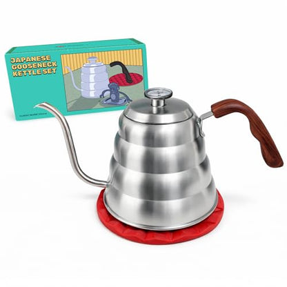 Silver Japanese Gooseneck Kettle Stovetop with Thermometer and Insulated Handle (4-piece, 40.6 oz /1200ml), Stainless Steel Pour Over Tea Stovetop Kettle, Precision Pour Kettles Pot - color: Silver